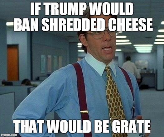 That Would Be Great | IF TRUMP WOULD BAN SHREDDED CHEESE; THAT WOULD BE GRATE | image tagged in memes,that would be great | made w/ Imgflip meme maker