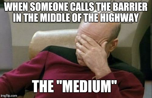 Captain Picard Facepalm Meme | WHEN SOMEONE CALLS THE BARRIER IN THE MIDDLE OF THE HIGHWAY; THE "MEDIUM" | image tagged in memes,captain picard facepalm | made w/ Imgflip meme maker