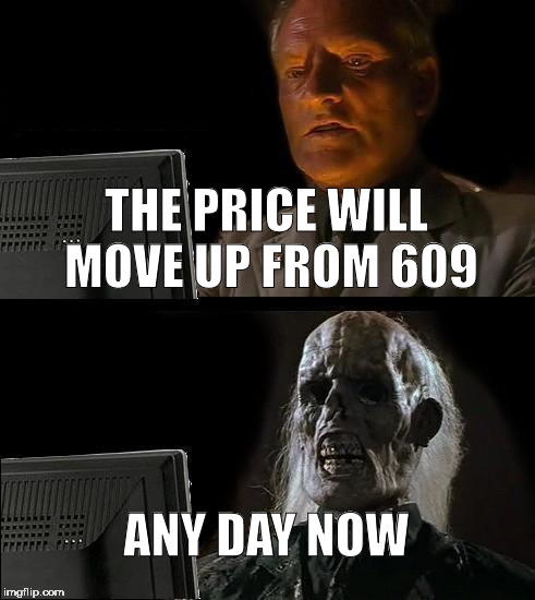 I'll Just Wait Here Meme | THE PRICE WILL MOVE UP FROM 609; ANY DAY NOW | image tagged in memes,ill just wait here | made w/ Imgflip meme maker