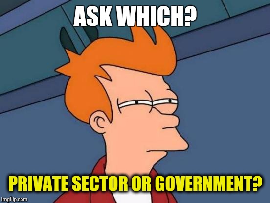 Futurama Fry Meme | ASK WHICH? PRIVATE SECTOR OR GOVERNMENT? | image tagged in memes,futurama fry | made w/ Imgflip meme maker