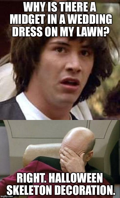 As I Was Approaching the Driveway Lastnight | WHY IS THERE A MIDGET IN A WEDDING DRESS ON MY LAWN? RIGHT. HALLOWEEN SKELETON DECORATION. | image tagged in conspiracy keanu,captain picard facepalm,memes,halloween | made w/ Imgflip meme maker
