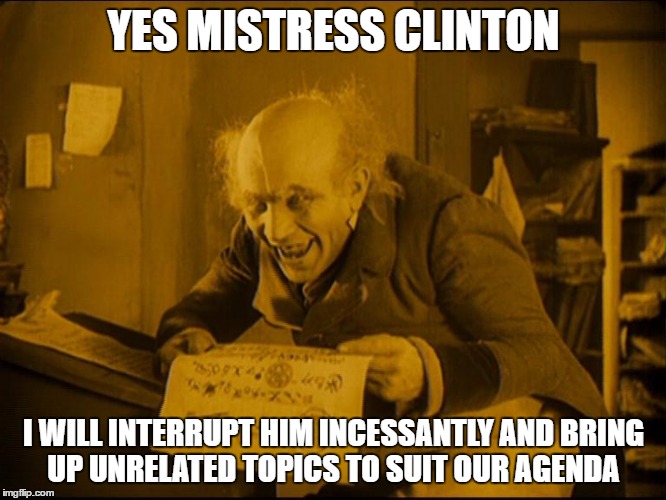 YES MISTRESS CLINTON; I WILL INTERRUPT HIM INCESSANTLY AND BRING UP UNRELATED TOPICS TO SUIT OUR AGENDA | image tagged in clinton,kaine | made w/ Imgflip meme maker