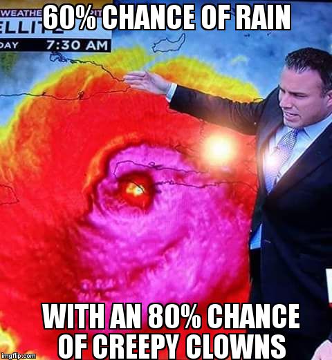 Hurricane | 60% CHANCE OF RAIN; WITH AN 80% CHANCE OF CREEPY CLOWNS | image tagged in hurricane | made w/ Imgflip meme maker