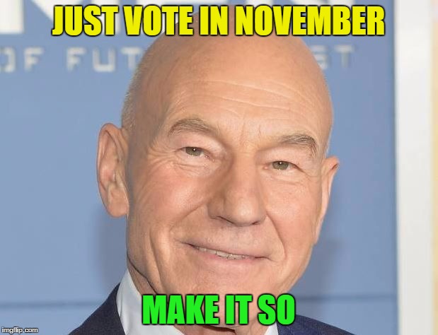 Patrick Stewart | JUST VOTE IN NOVEMBER; MAKE IT SO | image tagged in patrick stewart | made w/ Imgflip meme maker