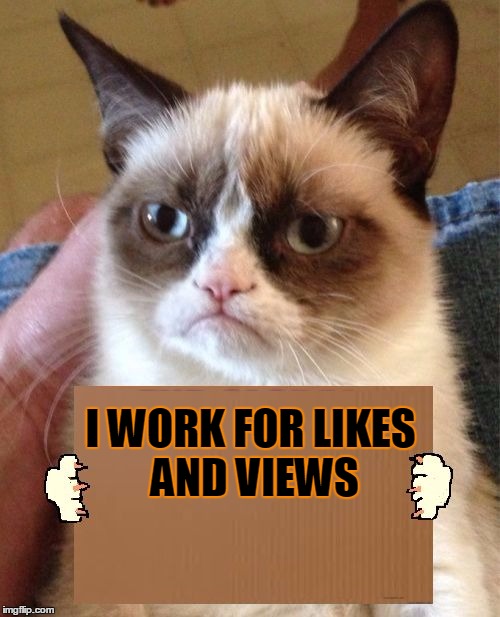 Grumpy Cat Cardboard Sign | I WORK FOR LIKES AND VIEWS | image tagged in grumpy cat cardboard sign | made w/ Imgflip meme maker