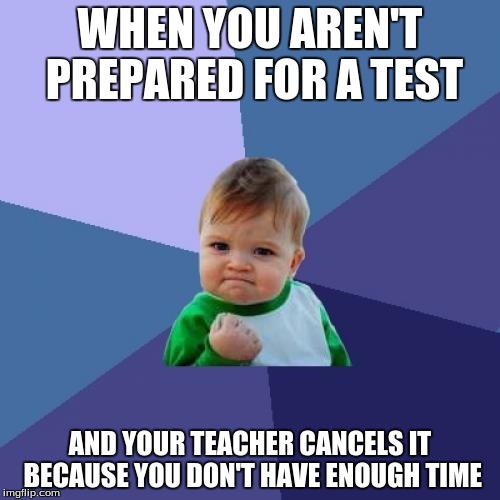 Success Kid Meme | WHEN YOU AREN'T PREPARED FOR A TEST; AND YOUR TEACHER CANCELS IT BECAUSE YOU DON'T HAVE ENOUGH TIME | image tagged in memes,success kid | made w/ Imgflip meme maker