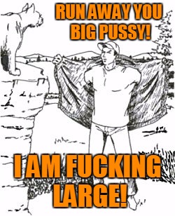 This guy is so getting mauled... | RUN AWAY YOU BIG PUSSY! I AM FUCKING LARGE! | image tagged in memes,mountain lion,worst-case scenario survival handbook,make yourself look big,then get mauled,headfoot | made w/ Imgflip meme maker