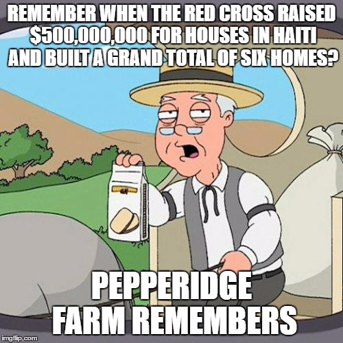 Pepperidge Farm Remembers Meme | REMEMBER WHEN THE RED CROSS RAISED $500,000,000 FOR HOUSES IN HAITI AND BUILT A GRAND TOTAL OF SIX HOMES? PEPPERIDGE FARM REMEMBERS | image tagged in memes,pepperidge farm remembers | made w/ Imgflip meme maker