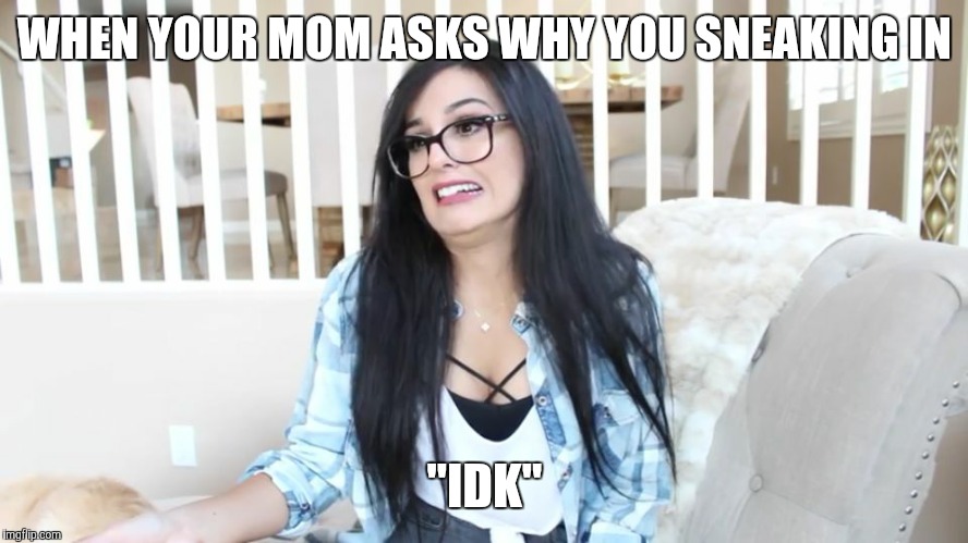 WHEN YOUR MOM ASKS WHY YOU SNEAKING IN; "IDK" | image tagged in sssniperwolf | made w/ Imgflip meme maker