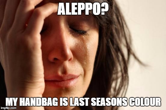 First World Problems Meme | ALEPPO? MY HANDBAG IS LAST SEASONS COLOUR | image tagged in memes,first world problems | made w/ Imgflip meme maker