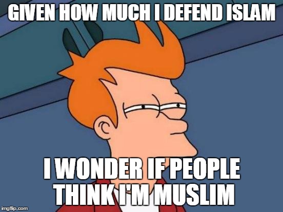 On The Other Hand, I'm Not Even Sure If People Even Know How Many Of These Memes Are From Me... | GIVEN HOW MUCH I DEFEND ISLAM; I WONDER IF PEOPLE THINK I'M MUSLIM | image tagged in memes,futurama fry | made w/ Imgflip meme maker