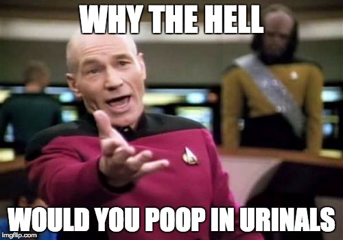 Picard Wtf | WHY THE HELL; WOULD YOU POOP IN URINALS | image tagged in memes,picard wtf | made w/ Imgflip meme maker