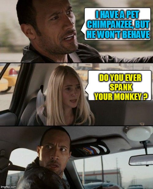 The Rock Driving Meme | I HAVE A PET CHIMPANZEE, BUT HE WON'T BEHAVE; DO YOU EVER SPANK YOUR MONKEY ? | image tagged in memes,the rock driving | made w/ Imgflip meme maker