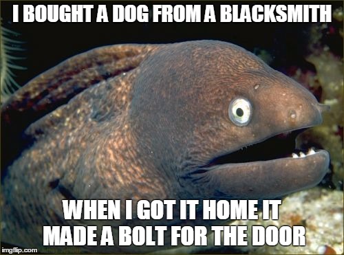 Bad Joke Eel Meme | I BOUGHT A DOG FROM A BLACKSMITH; WHEN I GOT IT HOME IT MADE A BOLT FOR THE DOOR | image tagged in memes,bad joke eel | made w/ Imgflip meme maker