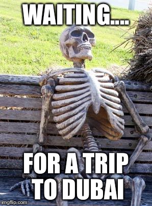 Waiting Skeleton Meme | WAITING.... FOR A TRIP TO DUBAI | image tagged in memes,waiting skeleton | made w/ Imgflip meme maker