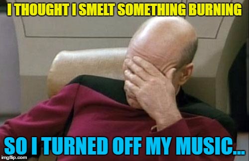 It's been one of those weeks... | I THOUGHT I SMELT SOMETHING BURNING; SO I TURNED OFF MY MUSIC... | image tagged in memes,captain picard facepalm,burning,music,senses | made w/ Imgflip meme maker
