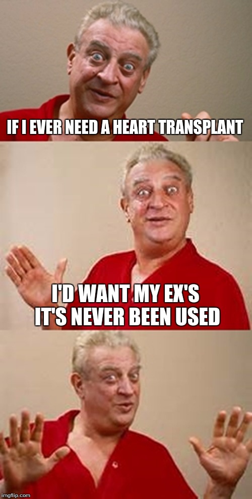 bad pun Dangerfield  | IF I EVER NEED A HEART TRANSPLANT; I'D WANT MY EX'S IT'S NEVER BEEN USED | image tagged in bad pun dangerfield | made w/ Imgflip meme maker