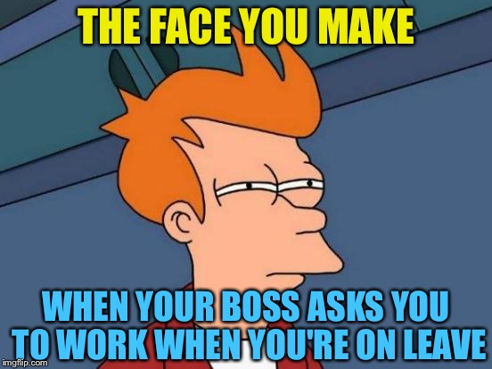 Don't you just hate when that happens? | THE FACE YOU MAKE; WHEN YOUR BOSS ASKS YOU TO WORK WHEN YOU'RE ON LEAVE | image tagged in memes,futurama fry,the face you make,vacation,bosses,funny | made w/ Imgflip meme maker