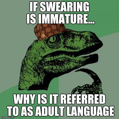 Philosoraptor | IF SWEARING IS IMMATURE... WHY IS IT REFERRED TO AS ADULT LANGUAGE | image tagged in memes,philosoraptor,scumbag | made w/ Imgflip meme maker