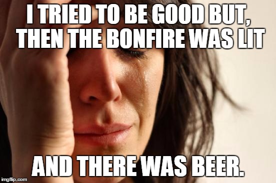 First World Problems | I TRIED TO BE GOOD BUT, THEN THE BONFIRE WAS LIT; AND THERE WAS BEER. | image tagged in memes,first world problems | made w/ Imgflip meme maker