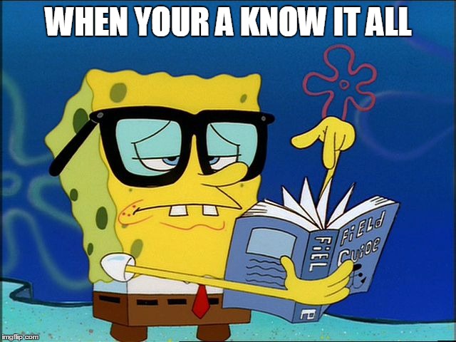 Spongebob nerd | WHEN YOUR A KNOW IT ALL | image tagged in spongebob nerd | made w/ Imgflip meme maker