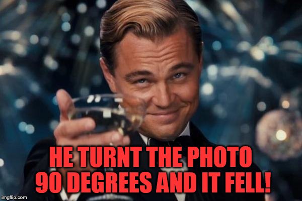 Leonardo Dicaprio Cheers Meme | HE TURNT THE PHOTO 90 DEGREES AND IT FELL! | image tagged in memes,leonardo dicaprio cheers | made w/ Imgflip meme maker