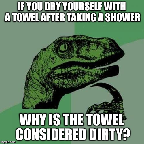 Philosoraptor Meme | IF YOU DRY YOURSELF WITH A TOWEL AFTER TAKING A SHOWER; WHY IS THE TOWEL CONSIDERED DIRTY? | image tagged in memes,philosoraptor | made w/ Imgflip meme maker