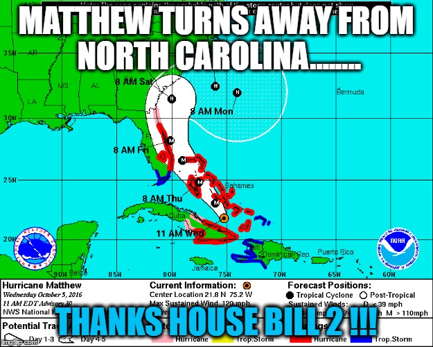 hurricane matthew | MATTHEW TURNS AWAY FROM NORTH CAROLINA........ THANKS HOUSE BILL 2 !!! | image tagged in hurricane matthew,nc,hb2 | made w/ Imgflip meme maker