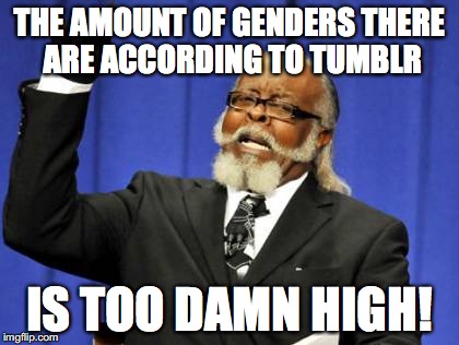 Too Damn High Meme | THE AMOUNT OF GENDERS THERE ARE ACCORDING TO TUMBLR; IS TOO DAMN HIGH! | image tagged in memes,too damn high | made w/ Imgflip meme maker