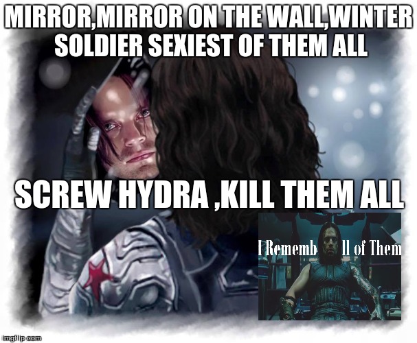 bucky barnes winter soldier | MIRROR,MIRROR ON THE WALL,WINTER SOLDIER SEXIEST OF THEM ALL; SCREW HYDRA ,KILL THEM ALL | image tagged in hydra | made w/ Imgflip meme maker