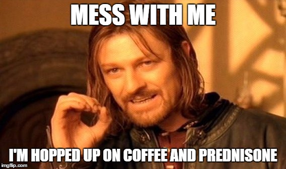 One Does Not Simply Meme | MESS WITH ME; I'M HOPPED UP ON COFFEE AND PREDNISONE | image tagged in memes,one does not simply | made w/ Imgflip meme maker