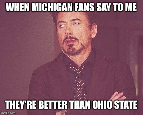 Tony stark | WHEN MICHIGAN FANS SAY TO ME; THEY'RE BETTER THAN OHIO STATE | image tagged in tony stark | made w/ Imgflip meme maker