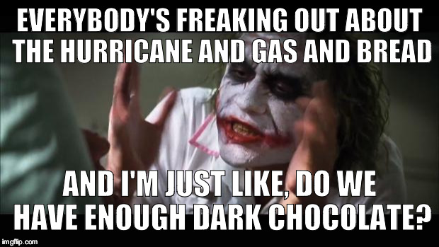 And everybody loses their minds | EVERYBODY'S FREAKING OUT ABOUT THE HURRICANE AND GAS AND BREAD; AND I'M JUST LIKE, DO WE HAVE ENOUGH DARK CHOCOLATE? | image tagged in memes,and everybody loses their minds | made w/ Imgflip meme maker