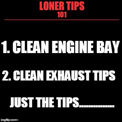 Loner Tips 101 | 1. CLEAN ENGINE BAY; 2. CLEAN EXHAUST TIPS

                       JUST THE TIPS............... | image tagged in loner tips 101 | made w/ Imgflip meme maker