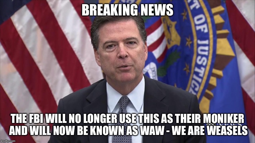 FBI Director James Comey | BREAKING NEWS; THE FBI WILL NO LONGER USE THIS AS THEIR MONIKER AND WILL NOW BE KNOWN AS WAW - WE ARE WEASELS | image tagged in fbi director james comey | made w/ Imgflip meme maker