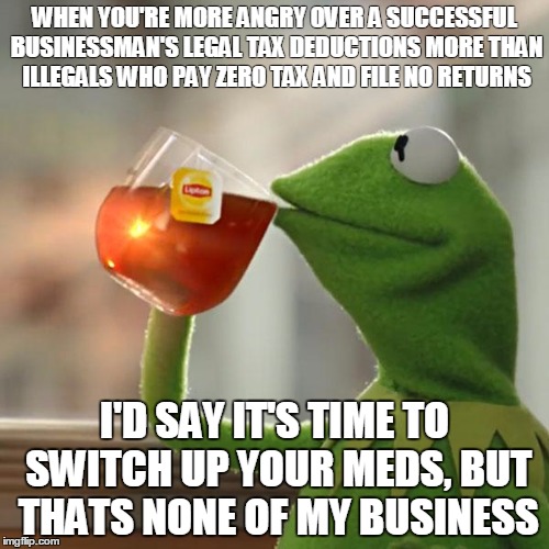 But That's None Of My Business Meme | WHEN YOU'RE MORE ANGRY OVER A SUCCESSFUL BUSINESSMAN'S LEGAL TAX DEDUCTIONS MORE THAN ILLEGALS WHO PAY ZERO TAX AND FILE NO RETURNS; I'D SAY IT'S TIME TO SWITCH UP YOUR MEDS, BUT THATS NONE OF MY BUSINESS | image tagged in memes,but thats none of my business,kermit the frog | made w/ Imgflip meme maker