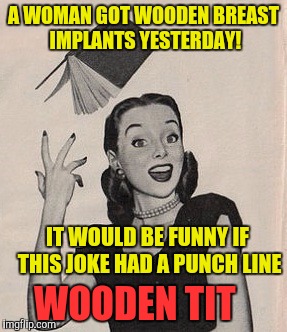 Just to get this joke off my chest | A WOMAN GOT WOODEN BREAST IMPLANTS YESTERDAY! IT WOULD BE FUNNY IF THIS JOKE HAD A PUNCH LINE; WOODEN TIT | image tagged in throwing book vintage woman,puns,breasts,surgery,implants,nsfw | made w/ Imgflip meme maker
