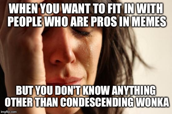First World Problems | WHEN YOU WANT TO FIT IN WITH PEOPLE WHO ARE PROS IN MEMES; BUT YOU DON'T KNOW ANYTHING OTHER THAN CONDESCENDING WONKA | image tagged in memes,first world problems | made w/ Imgflip meme maker