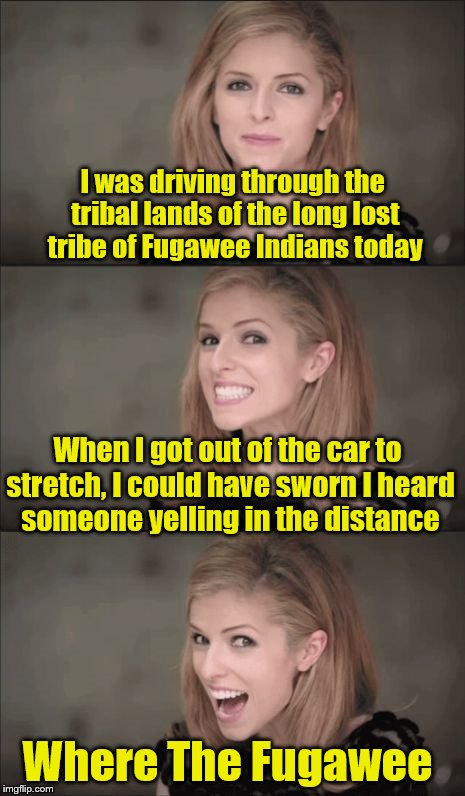 Bad Pun Anna Kendrick Meme | I was driving through the tribal lands of the long lost tribe of Fugawee Indians today; When I got out of the car to stretch, I could have sworn I heard someone yelling in the distance; Where The Fugawee | image tagged in memes,bad pun anna kendrick | made w/ Imgflip meme maker