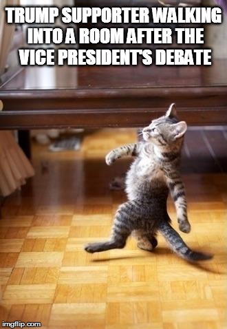 Cool Cat Stroll | TRUMP SUPPORTER WALKING INTO A ROOM AFTER THE VICE PRESIDENT'S DEBATE | image tagged in memes,cool cat stroll | made w/ Imgflip meme maker