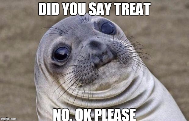 Awkward Moment Sealion | DID YOU SAY TREAT; NO. OK PLEASE | image tagged in memes,awkward moment sealion | made w/ Imgflip meme maker