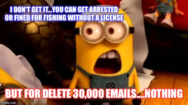 minions dafuq | I DON'T GET IT...YOU CAN GET ARRESTED OR FINED FOR FISHING WITHOUT A LICENSE; BUT FOR DELETE 30,000 EMAILS....NOTHING | image tagged in minions dafuq | made w/ Imgflip meme maker