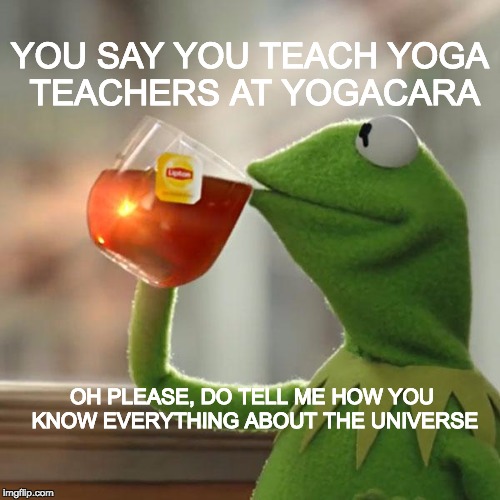 But That's None Of My Business | YOU SAY YOU TEACH YOGA TEACHERS AT YOGACARA; OH PLEASE, DO TELL ME HOW YOU KNOW EVERYTHING ABOUT THE UNIVERSE | image tagged in memes,but thats none of my business,kermit the frog | made w/ Imgflip meme maker