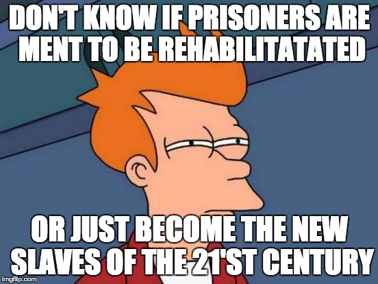 Futurama Fry | DON'T KNOW IF PRISONERS ARE MENT TO BE REHABILITATATED; OR JUST BECOME THE NEW SLAVES OF THE 21'ST CENTURY | image tagged in memes,futurama fry | made w/ Imgflip meme maker