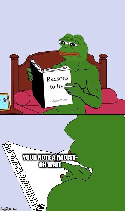 Blank Pepe Reasons to Live | YOUR NOTE A RACIST- OH WAIT | image tagged in blank pepe reasons to live | made w/ Imgflip meme maker