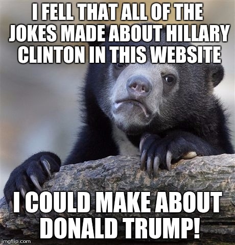 Confession Bear Meme | I FELL THAT ALL OF THE JOKES MADE ABOUT HILLARY CLINTON IN THIS WEBSITE; I COULD MAKE ABOUT DONALD TRUMP! | image tagged in memes,confession bear | made w/ Imgflip meme maker