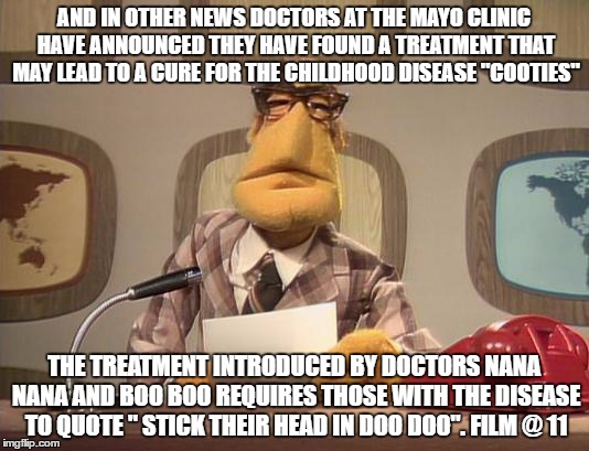 muppet news | AND IN OTHER NEWS DOCTORS AT THE MAYO CLINIC HAVE ANNOUNCED THEY HAVE FOUND A TREATMENT THAT MAY LEAD TO A CURE FOR THE CHILDHOOD DISEASE "COOTIES"; THE TREATMENT INTRODUCED BY DOCTORS NANA NANA AND BOO BOO REQUIRES THOSE WITH THE DISEASE TO QUOTE " STICK THEIR HEAD IN DOO DOO". FILM @ 11 | image tagged in muppet news | made w/ Imgflip meme maker