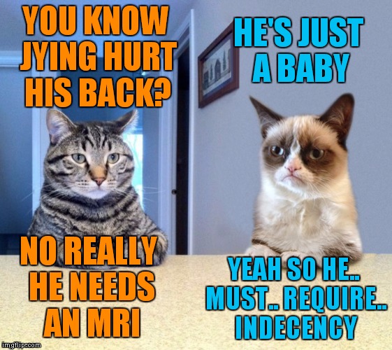 Take a seat cat and grumpy cat review | HE'S JUST A BABY; YOU KNOW JYING HURT HIS BACK? NO REALLY HE NEEDS AN MRI; YEAH SO HE.. MUST.. REQUIRE.. INDECENCY | image tagged in take a seat cat and grumpy cat review | made w/ Imgflip meme maker