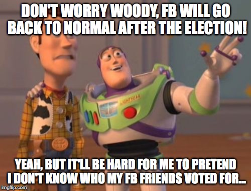 X, X Everywhere | DON'T WORRY WOODY, FB WILL GO BACK TO NORMAL AFTER THE ELECTION! YEAH, BUT IT'LL BE HARD FOR ME TO PRETEND I DON'T KNOW WHO MY FB FRIENDS VOTED FOR... | image tagged in memes,x x everywhere | made w/ Imgflip meme maker