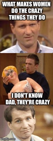 Women, what's wrong with them I don't know  | WHAT MAKES WOMEN DO THE CRAZY THINGS THEY DO; I DON'T KNOW DAD, THEY'RE CRAZY | image tagged in al bundy,bud bundy,women,married with children,marriage | made w/ Imgflip meme maker